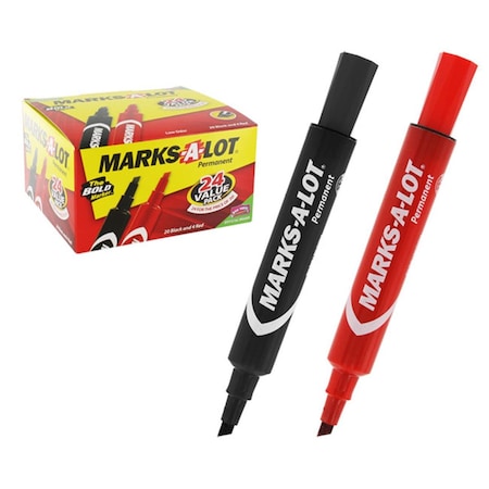 Workstationpro Marks-A-Lot Permanent Markers- Regular Chisel Tip- Red- Black, 24PK TH3362437